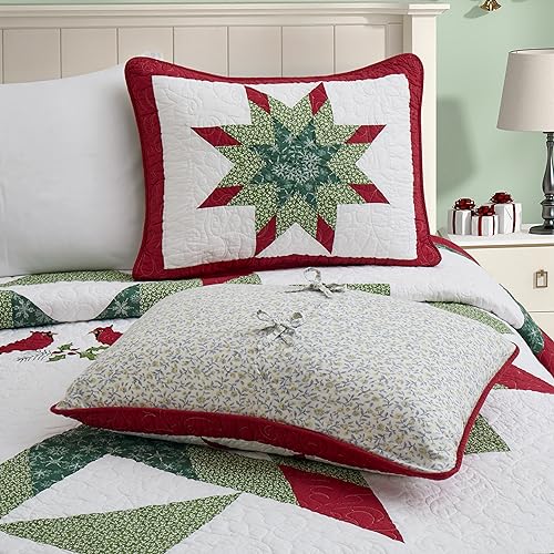 King Size Christmas Quilt Bedding Set 106x96 Cotton 3-Piece White Red Green