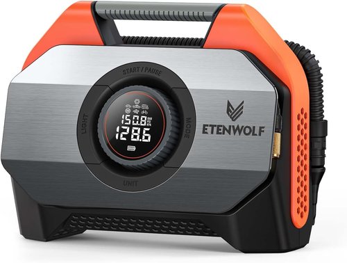 ETENWOLF VORTEX S6 Tire Inflator - Portable Air Compressor for Heavy-Duty Vehicles | 19200 mAh Battery, Dual Cylinder, Vivid Orange