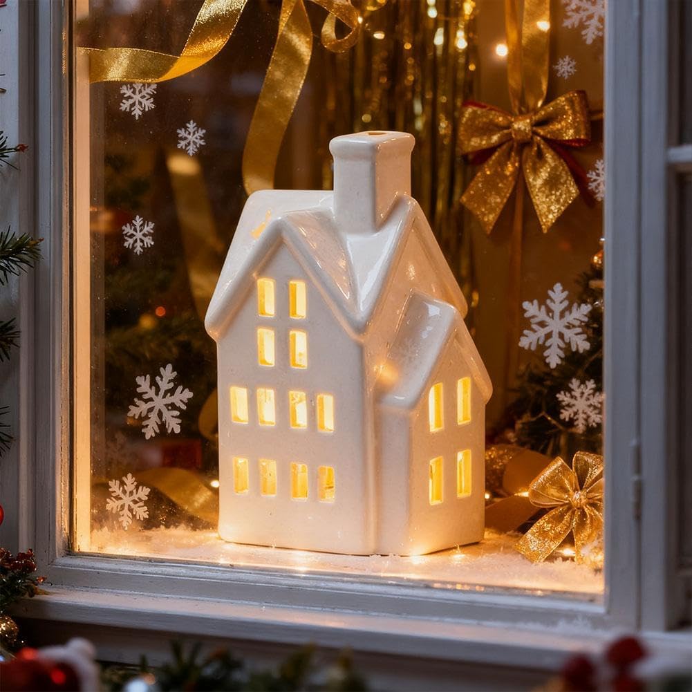Skiennix Light Up Christmas Village House - White Ceramic Tabletop Decor for Winter Centerpiece (Green)