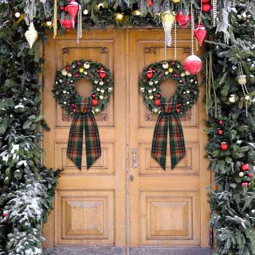 Christmas Wreath Sash for Front Door, Green Red Plaid Burlap Ribbon Sash Xmas Holiday Wreath Accessories for Thanksgiving New Year Decorations