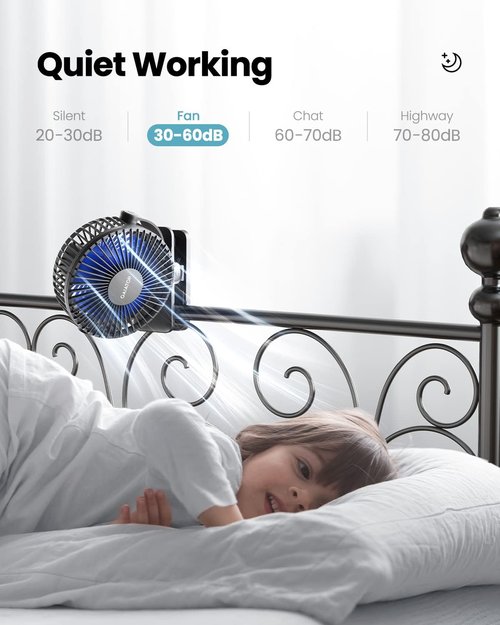 Gaiatop Portable Clip-On Fan - Battery Operated, 3-Speed Quiet Cooling - USB Rechargeable Mini Fan for Home & Office - Black/Blue