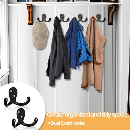 CBWLWJ Heavy Duty Double Prong Coat Hooks - 10 Pack Wall Mounted Metal Hooks for Home Organization | Black