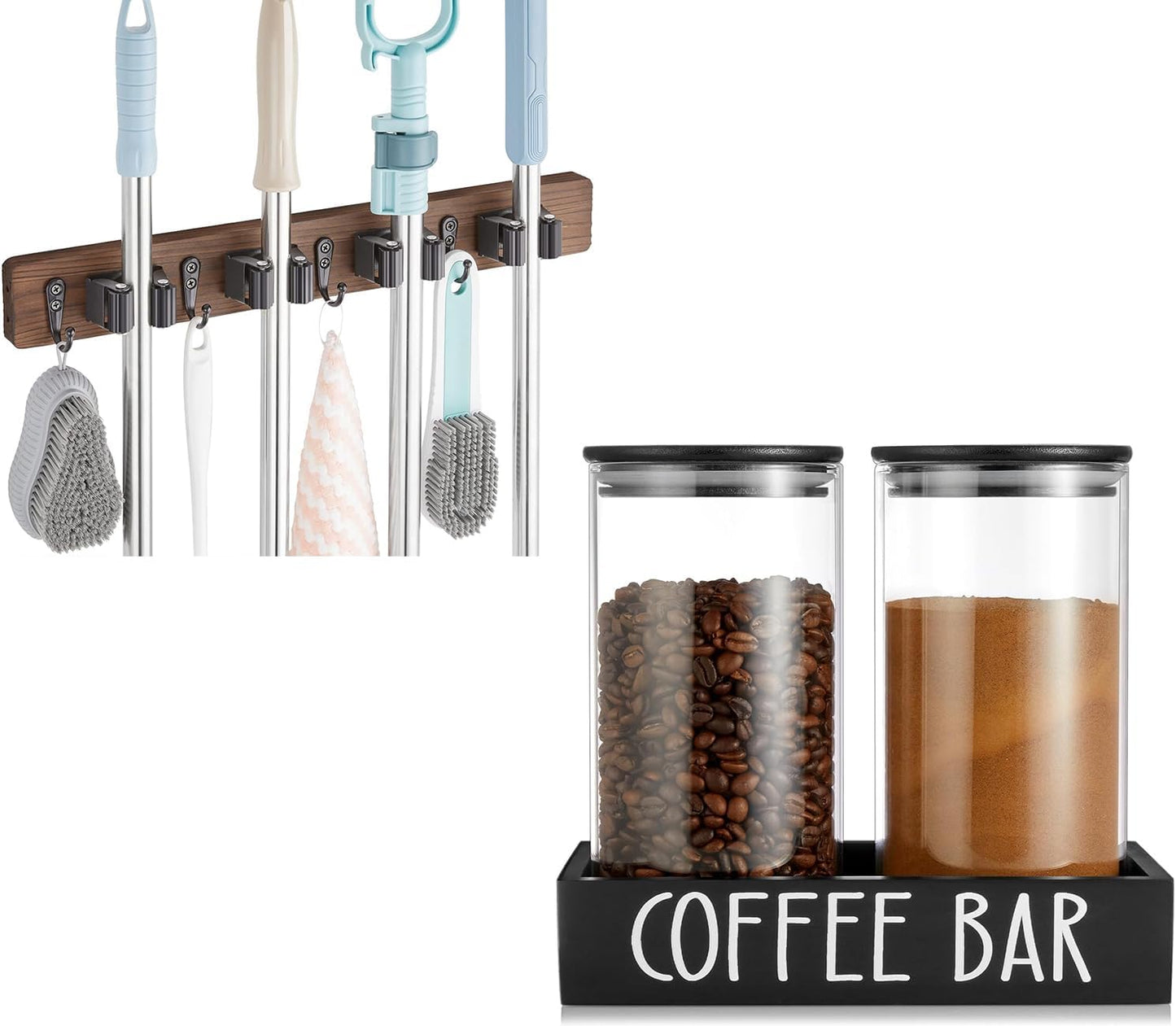 OUTNILI Broom Holder Wall Mount & Coffee Canister Set - Space-Saving Organization Solution