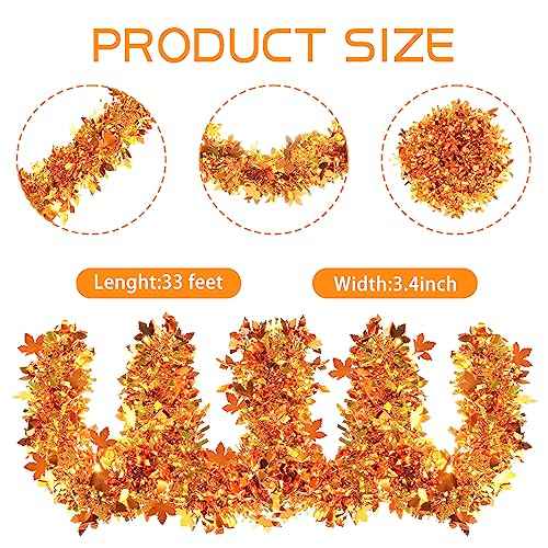 GlyinnHe 33Ft Thanksgiving Tinsel Garland, Golden Maple Leaf Metallic Twist Fall Hanging Garland for Autumn Thanksgiving Halloween Party Decoration