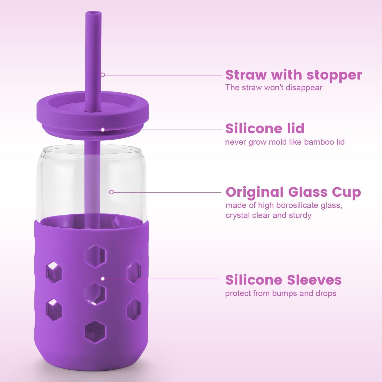 Mrsdry Glass Cups with Lids and Straws (4 Pack), 16oz Drinking Glasses Set with Silicone Sleeves for Coffee Bar Accessories Iced Coffee Cups with Lids, Glass Tumbler Reusable for Gifts