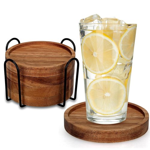 4 Pcs Farmhouse Wooden Coasters with Holder Cute Wood Drink Coaster Set Outdoor Beer Costers Home Decoration Coffee Table Decor Gift Cup Coaster Bar Kitchen Dining Table Accessories Modern Coasters