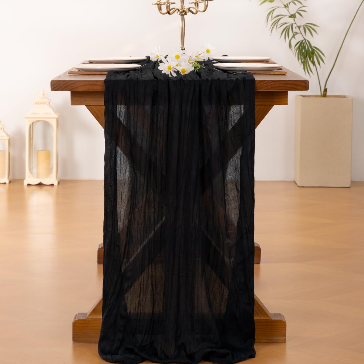 Socomi 3pcs Black Summer Cheesecloth Table Runner Boho Rustic Gauze 120 inch 10FT Cheese Cloth Sheer Runner for Wedding Party Baby Shower Birthday Home Decor Holiday Decorations