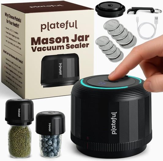 Plateful Electric Mason Jar Vacuum Sealer Kit - Portable Food Storage for Wide & Regular Mouth Jars, Includes Lids & Charger