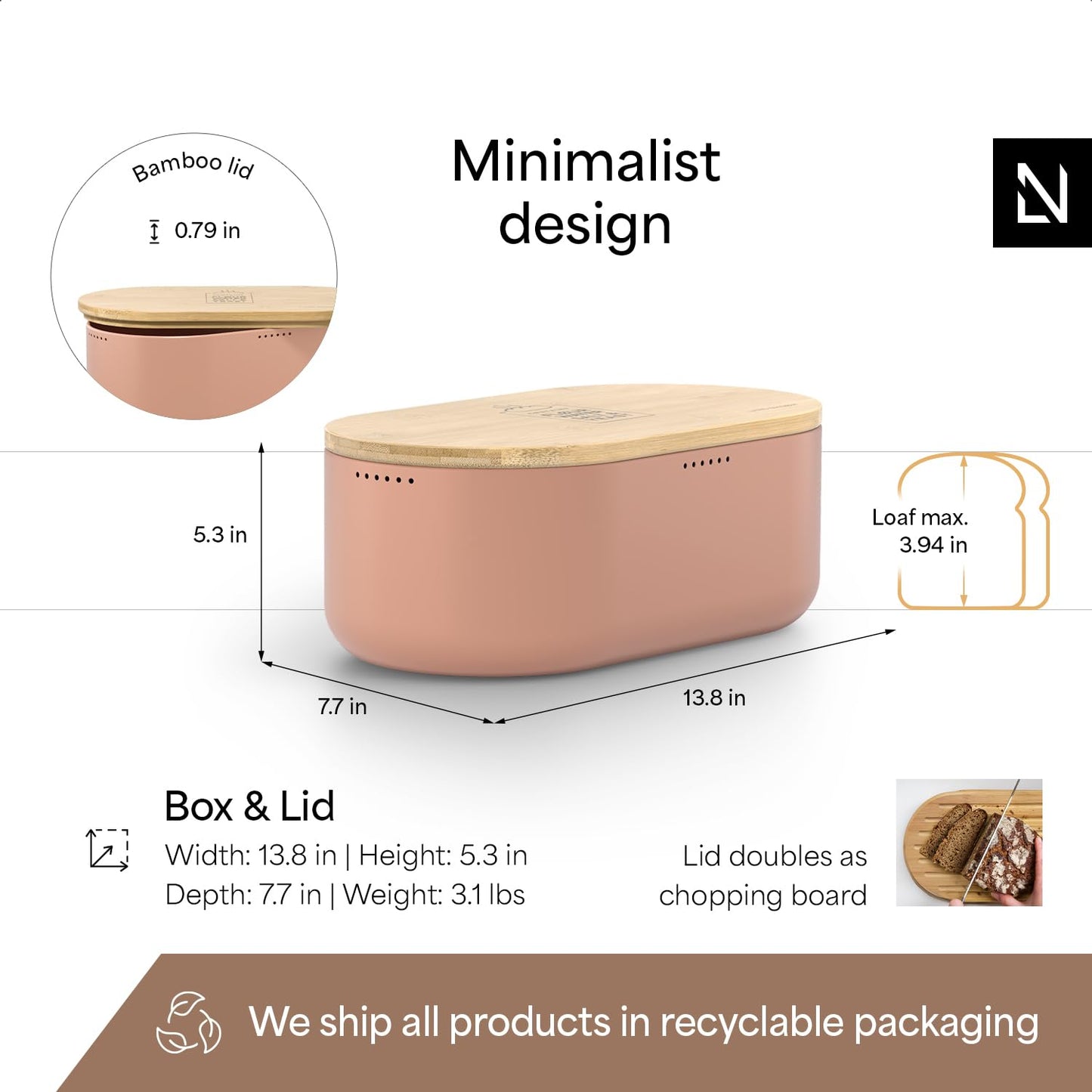 LARS NYSØM Bread Box I Metal Box for long lasting freshness I Bread Bin with bamboo lid usable as cutting board I 13.8x7.7x5.3 In (Blush Rose)