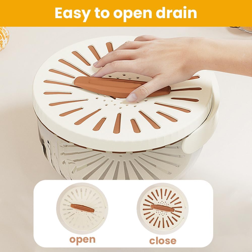 Skiennix Multifunctional Fruit Washing Bowl - 2025 Strainer Container with Lid & Handle (Brown)