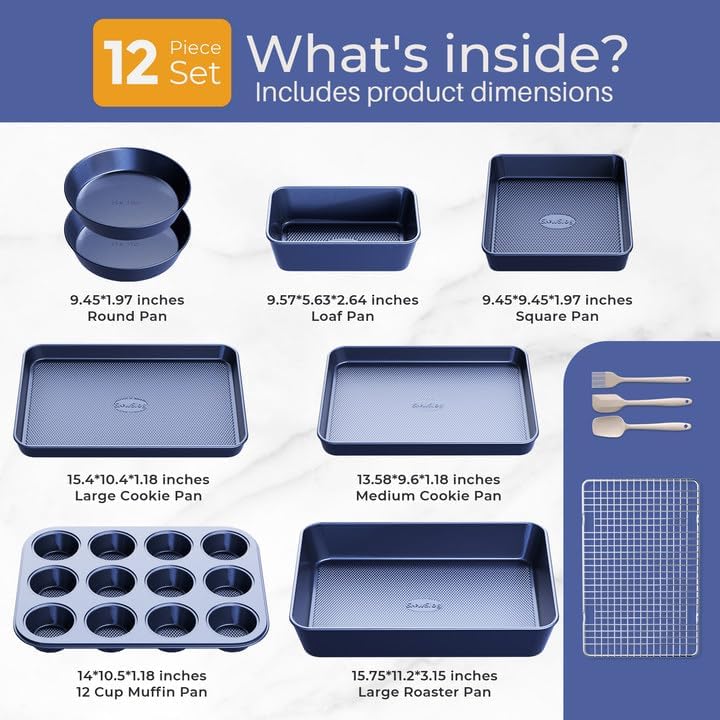Skiennix 12-Piece Nonstick Bakeware Set - Oven Safe Ceramic Coated Blue with Essential Utensils