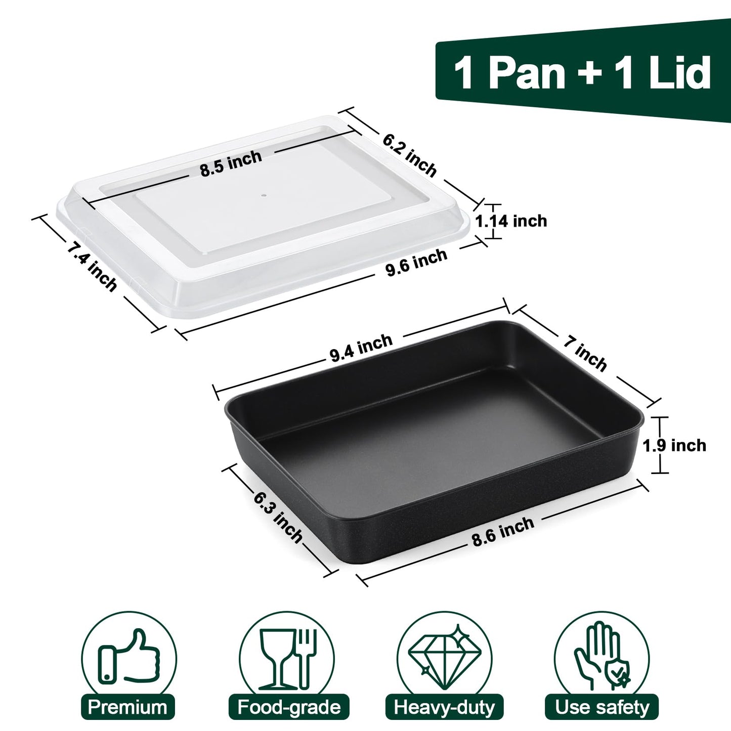 P&P CHEF Toaster Oven Pan with Lid, Nonstick Cake Lasagna Pan Rectangular Tray for Baking Roasting Storing, Stainless Steel Core & Plastic Cover, Oven & Freezer Safe, (9.4 Inch, 2Pcs)