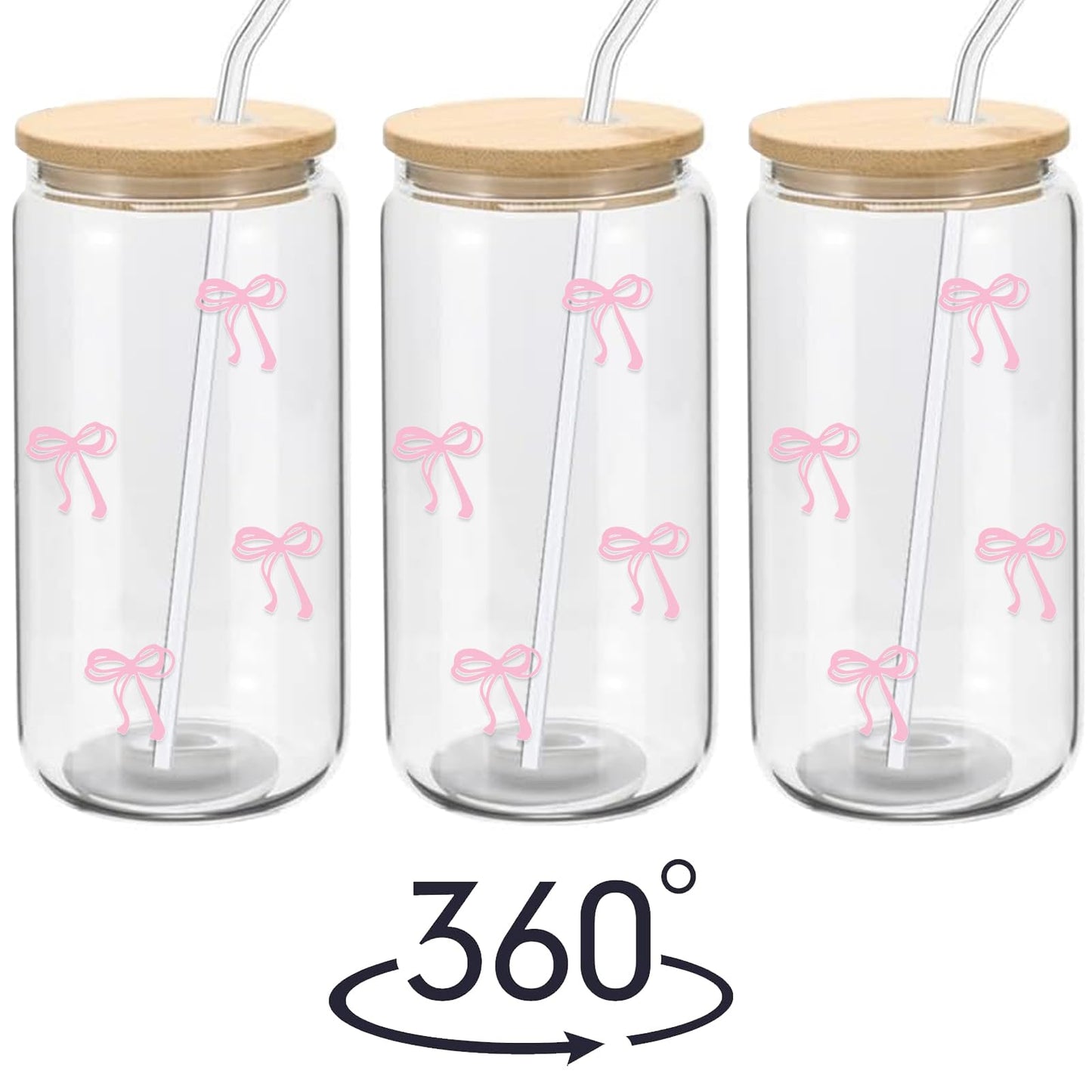 Mikopei Coquette Aesthetic Glass Cups with Lids and Straws - Pink Bow Iced Coffee Cup Decor, Cute Tumbler Smoothie with Cleaning Brush&Gift Box, Gifts for Girls Women Friends, 16 oz