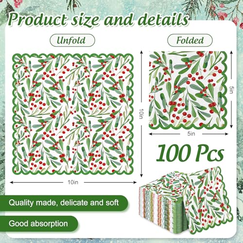 100Pcs Christmas Holly Berry Cocktail Napkins - Disposable Holiday Party Decor