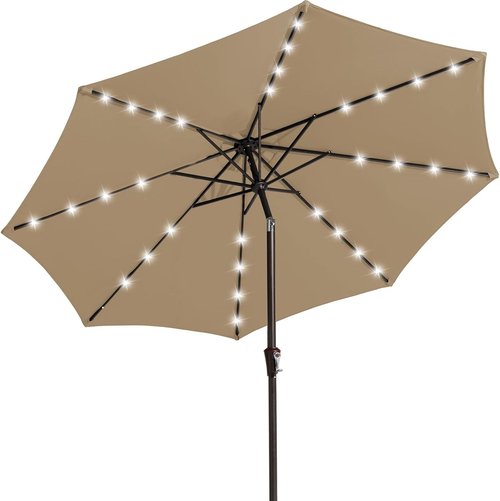 JEAREY 9FT Outdoor Patio Umbrella - LED Lighted with Solar Lights, Tilt & Crank for Deck, Yard & Market (Beige)
