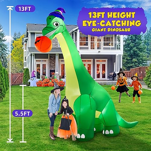 Giant Halloween Dinosaur Inflatable Decoration with LED Lights - 13Ft Yard Blow Up with Pumpkin & Witch Hat for Outdoor & Indoor Holiday Parties
