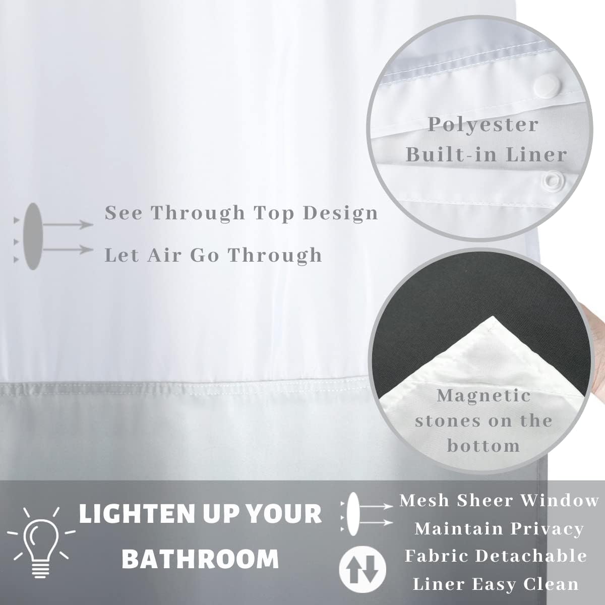 Regine Switzerland Hook-Free Fabric Shower Curtain - Hotel Quality, 71” W x 74” L, Gradient Grey