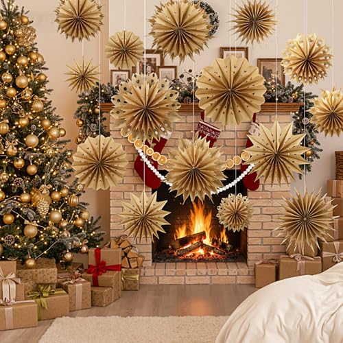 Epakh 18 Pcs Natural Wood Christmas Paper Snowflakes Hanging Decor Classic Style