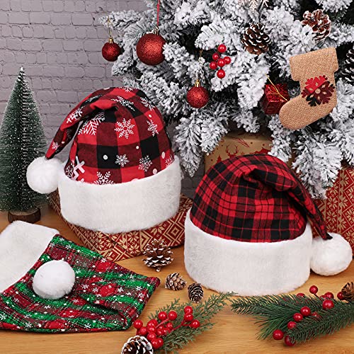 MCEAST 4 Pack Red Black Plaid Santa Hats - Christmas Party Favors, Winter Hats