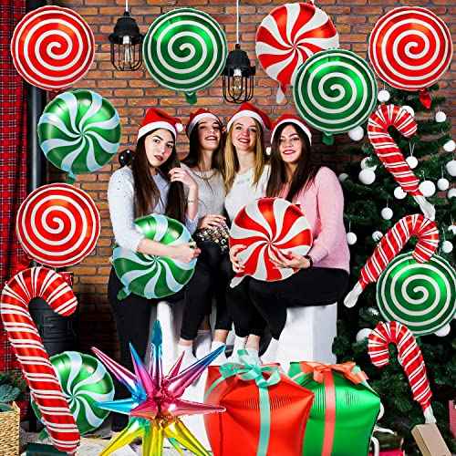 38Pcs Christmas Balloons, Big Red Green Candy Cane Foil Mylar Balloon for Party Decorations