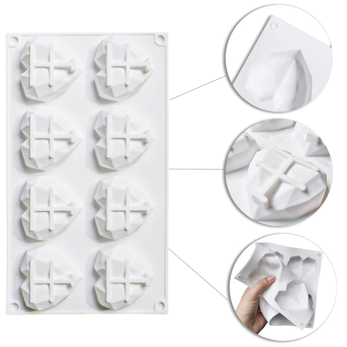 8 Grid Diamond Heart Silicone Cake Chocolate Mold Silicone Baking Pan Mold for DIY Cake Mousse Dessert 3D Diamond Love Heart Shaped Mould for Candy Fondant Ice Cream Soap Cupcake Cheesecake Jelly