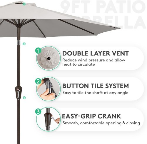 JEAREY 9FT Outdoor Patio Umbrella - Push Button Tilt & Crank | UV Protection, Waterproof, Fog Gray