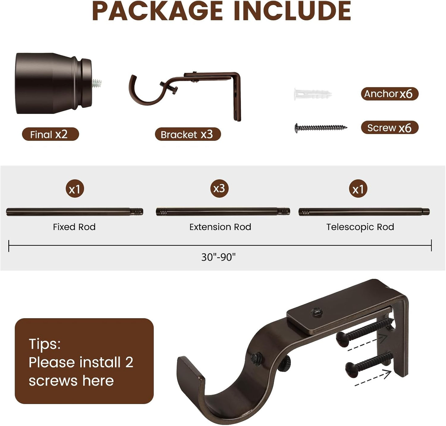 Regine Switzerland Heavy-Duty Adjustable Curtain Rod - 30 to 90 Inch, Brown, 1 Inch Diameter