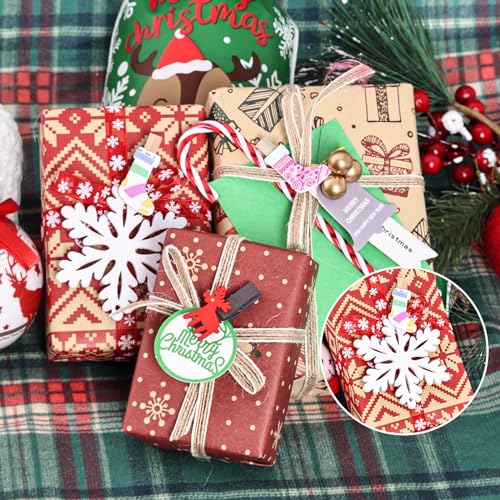 Christmas Wood Clips Set with Snowflake Santa Tree Designs & Jute Twine - Holiday Photo Hangers & Craft Decor
