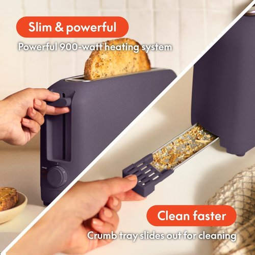 Bella 2 Slice Slim Toaster - 6 Setting Shade Control with Reheat & Cancel Buttons | 10" Long Slot, Plum