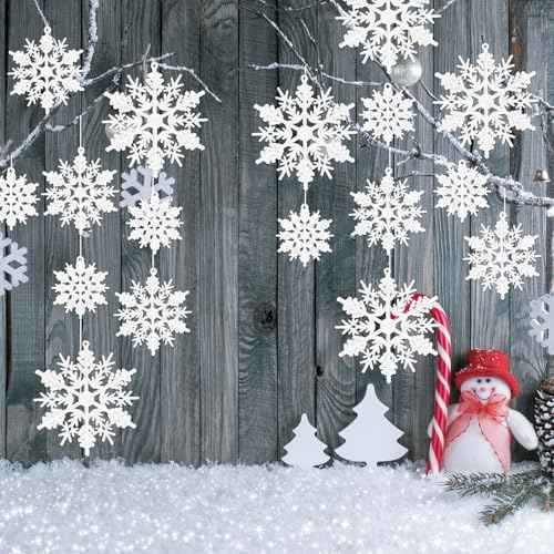 Whaline 36Pcs Christmas Snowflake Ornaments White Glitter Snowflake Hanging Decor Plastic Glitter Crafts for Winter Holiday New Year Xmas Tree Party Home Decor