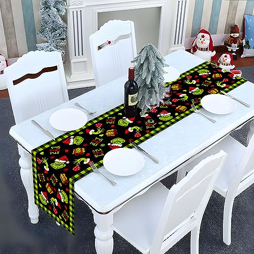 Pudodo Christmas Table Runner Black Green Buffalo Check 13x72in Holiday Decor