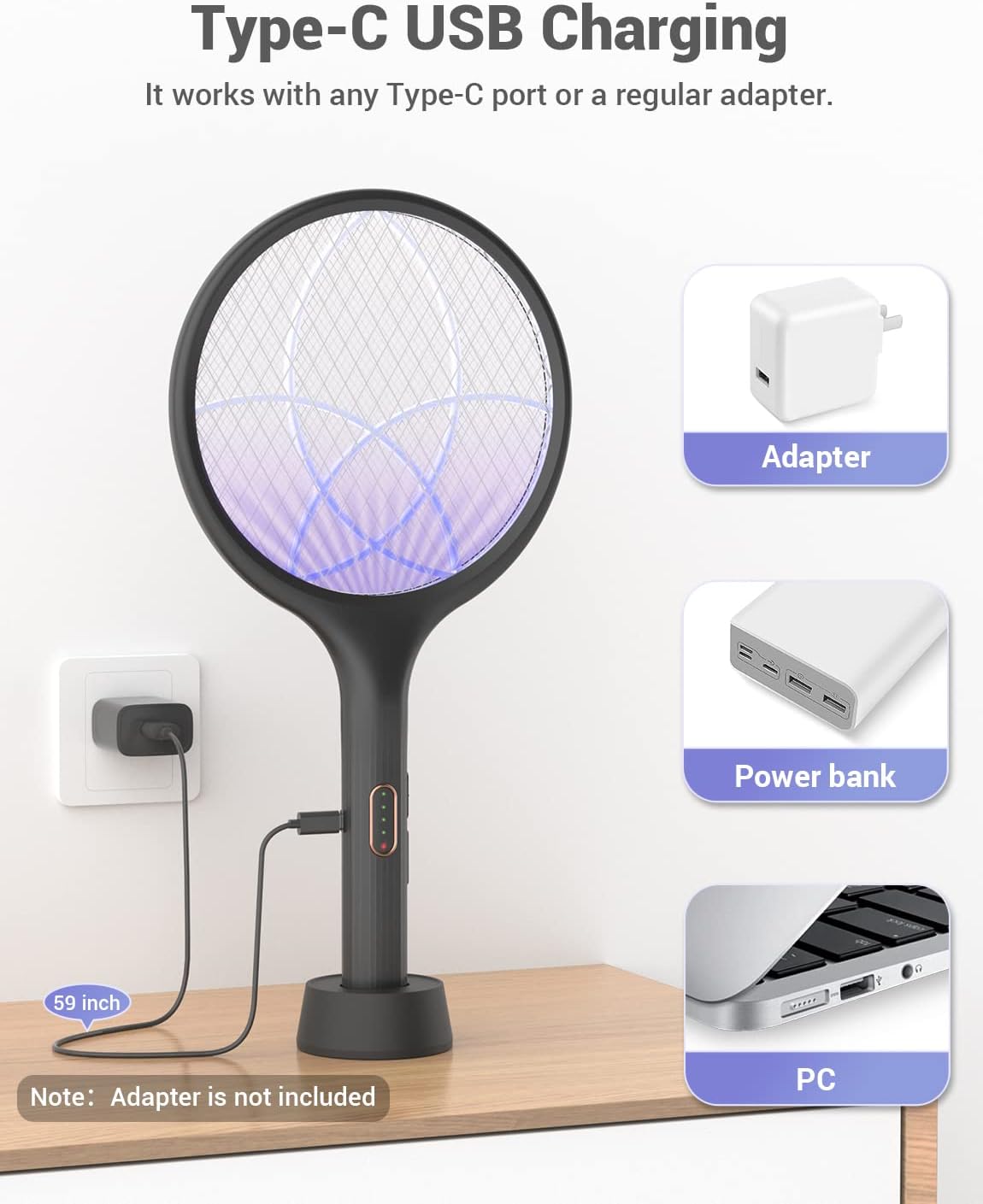 YISSVIC Electric Fly Swatter - 4000V Bug Zapper Racket with Dual Modes & Rechargeable Purple Light | Black, 1 Pack