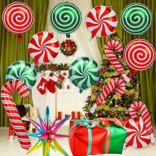 38Pcs Christmas Balloons, Big Red Green Candy Cane Foil Mylar Balloon for Party Decorations
