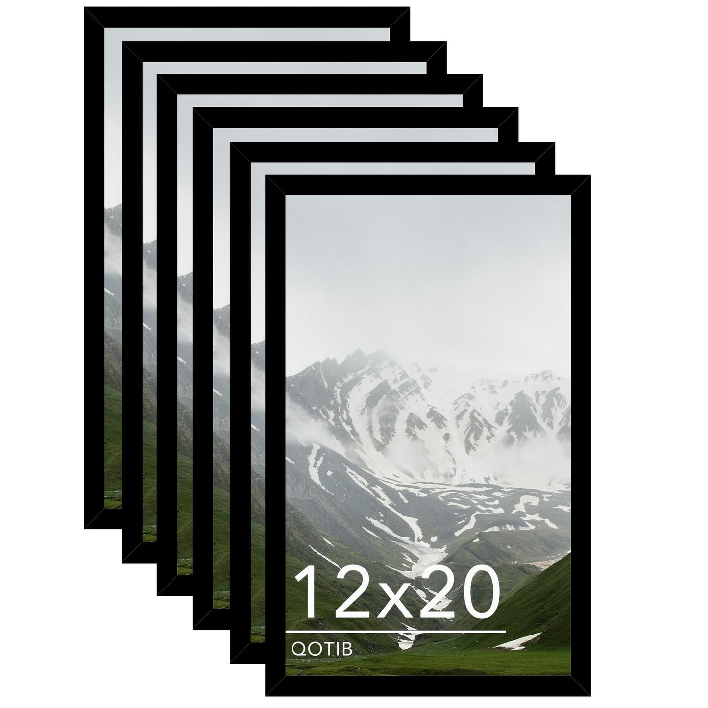 QOTIB 12x20 Picture Frame Black for Wall Mounting Set of 6, Horizontal and Vertical Formats for Wall Hanging, Wood 12x20 Frame, Black, 6 Pack