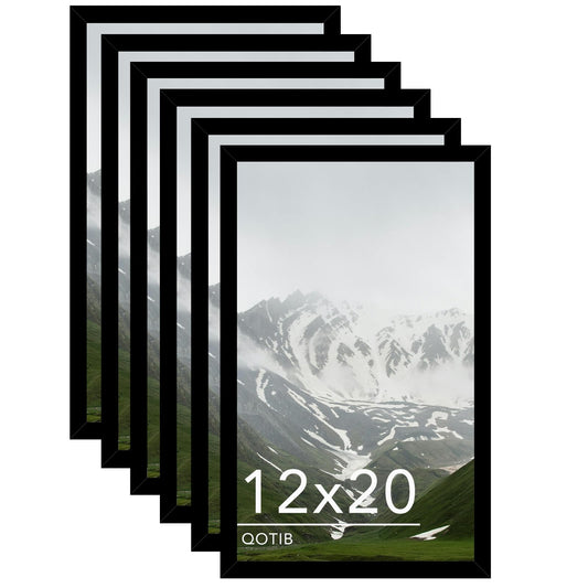 QOTIB 12x20 Picture Frame Black for Wall Mounting Set of 6, Horizontal and Vertical Formats for Wall Hanging, Wood 12x20 Frame, Black, 6 Pack