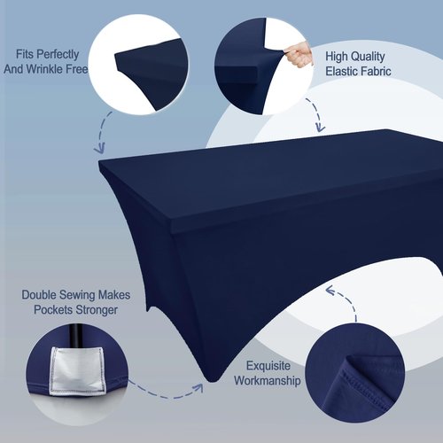 FOLINS&HOME 2 Pack Navy Blue 6FT Fitted Spandex Tablecloth, Waterproof Wrinkle Free Elastic Table Cover for 6 Foot Rectangle Tables Stretch Table Cloth for Weddings, Banquets, Parties (2 Pcs)