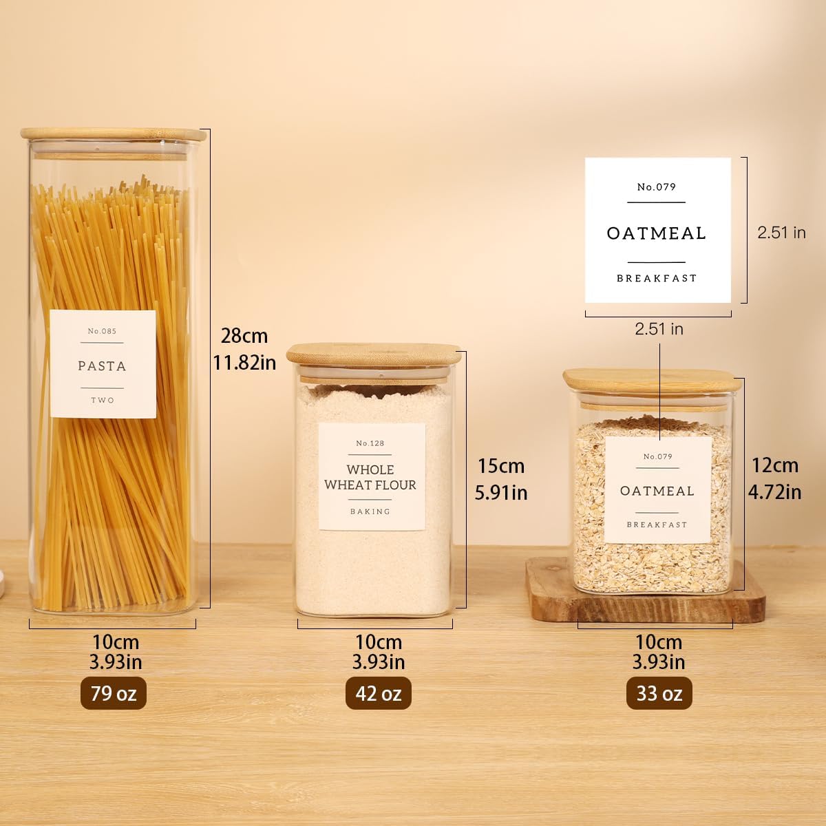 Square Glass Pantry Storage Containers by [Brand Name] - 5 Pack with Airtight Bamboo Lids & 132 Labels | Ideal for Pasta, Cereal, Coffee, Flour, Sugar