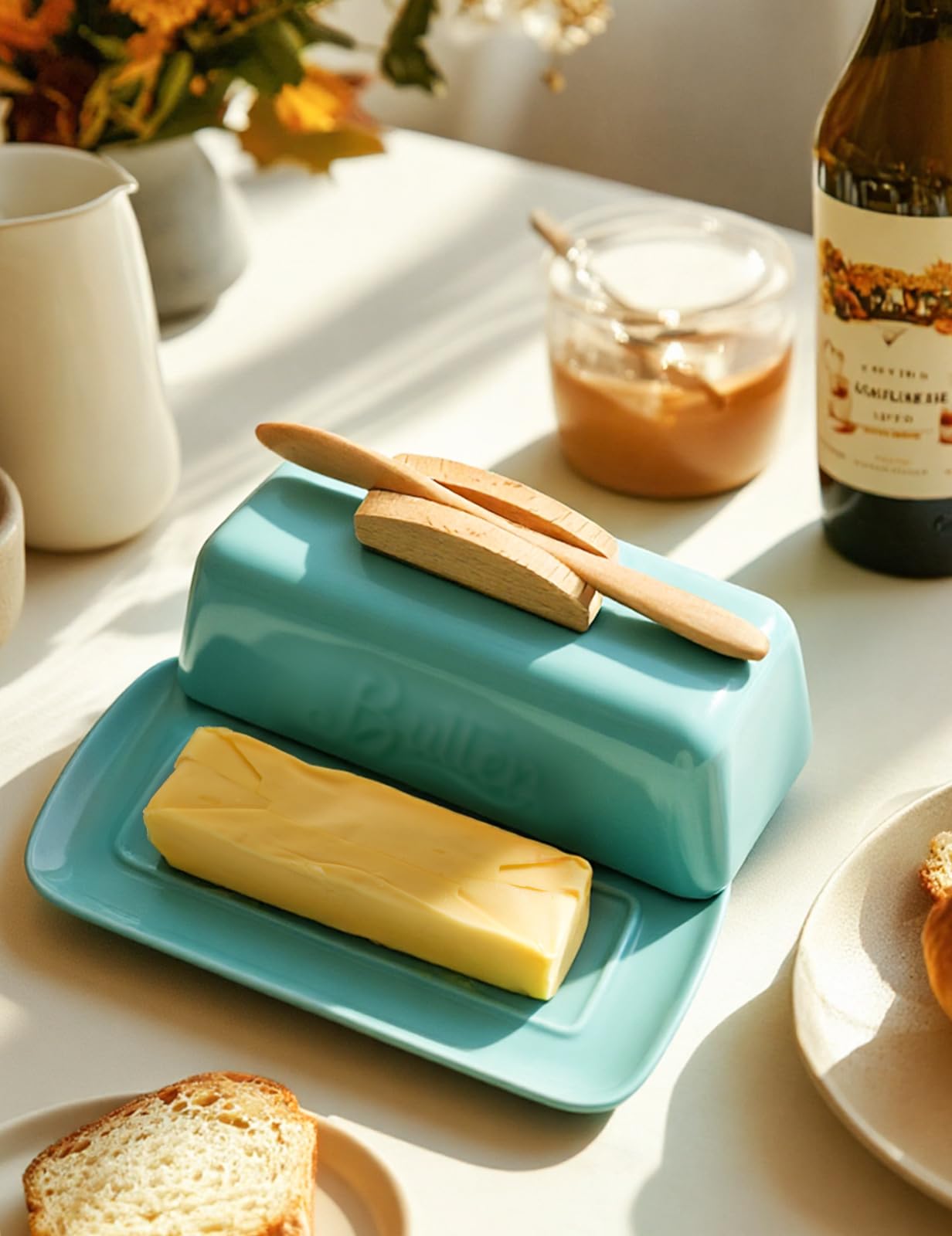 Butter Dish with Lid and Knife Ceramic Butter Holder for Counter Humanized Clamp-able Knife Handle Design, Perfect for East West Coast Butter, Skyblue