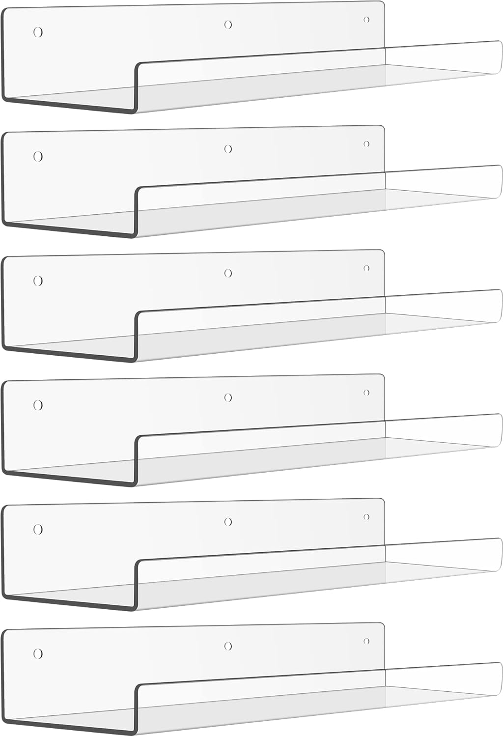 Upsimples 6 Pack Floating Acrylic Shelves - 15" x 4" Clear Wall Storage for Kids' Rooms & Home Decor