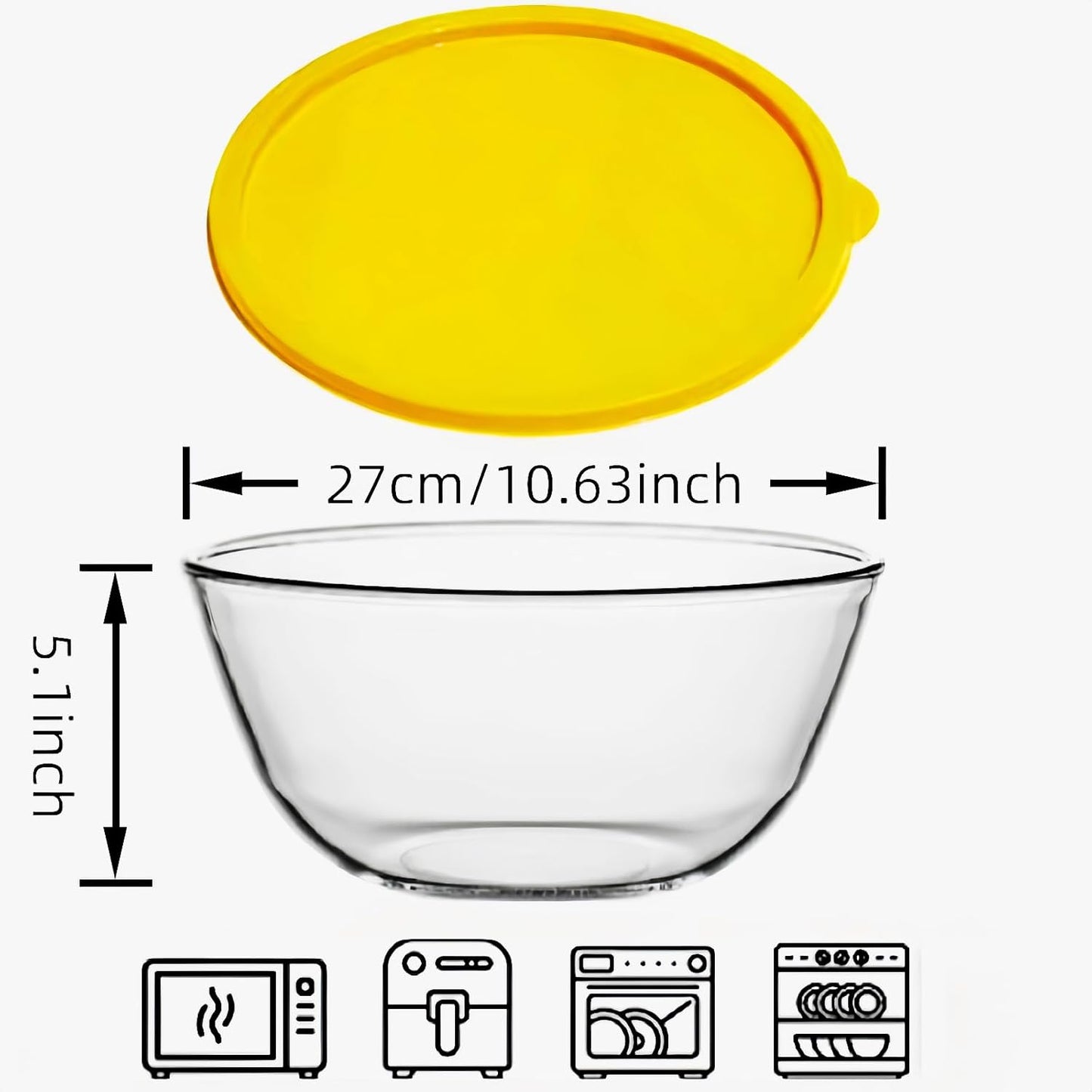 Skiennix 4.7QT Large Glass Mixing Bowl - Versatile Salad Bowl with Yellow Lid for Sourdough & Kitchen Use