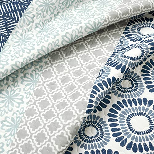 Reversible Cotton Quilt Set - Bohemian Stripe Bedding, Full/Queen, Navy & Blue - 3 Piece