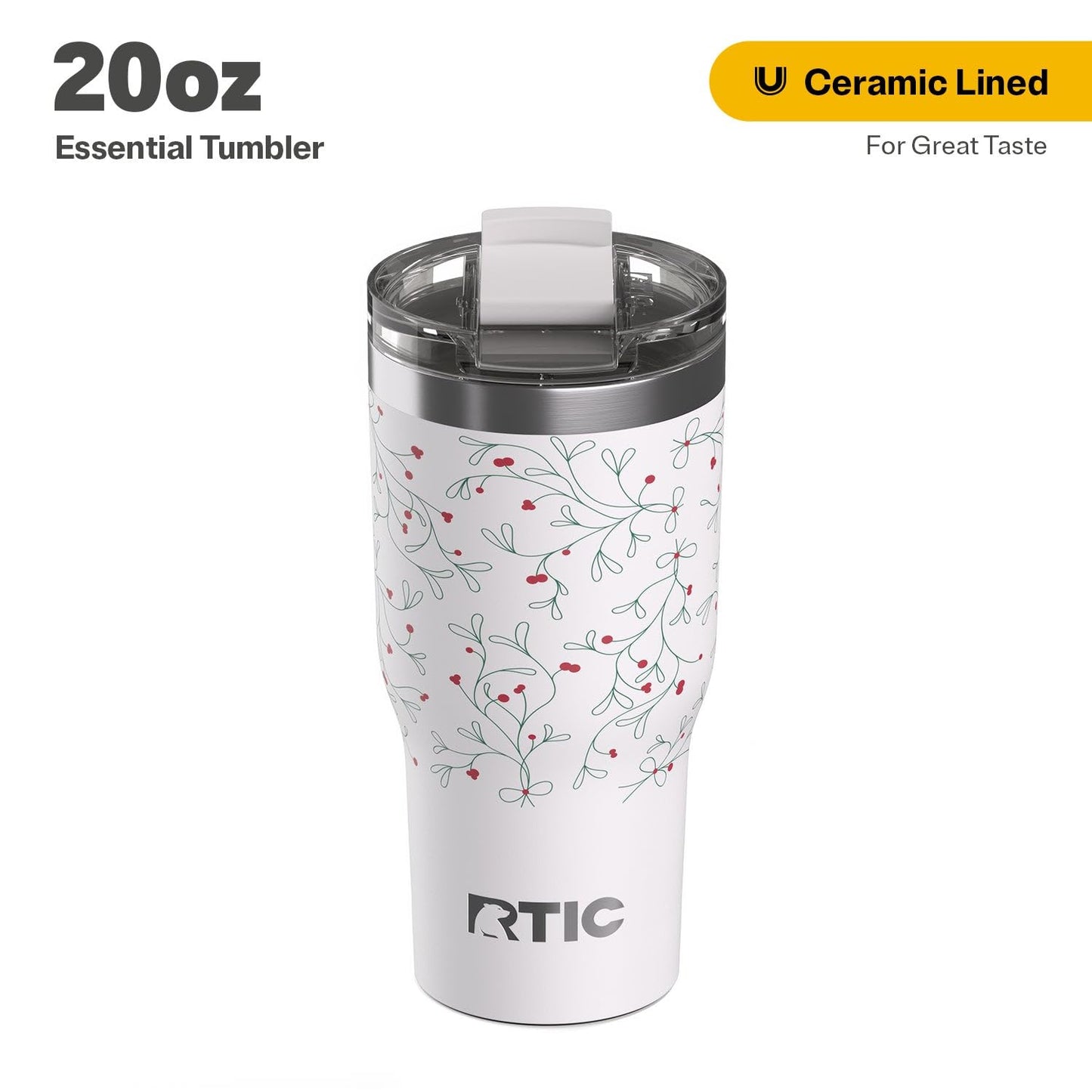RTIC 20oz Essential Tumbler with Lid, Ceramic Lined, Insulated, Stainless Steel, Metal, Double Wall Vacuum-Insulation, Travel Cup for Iced Coffee, Tea, Hot and Cold Drink, Mistletoe