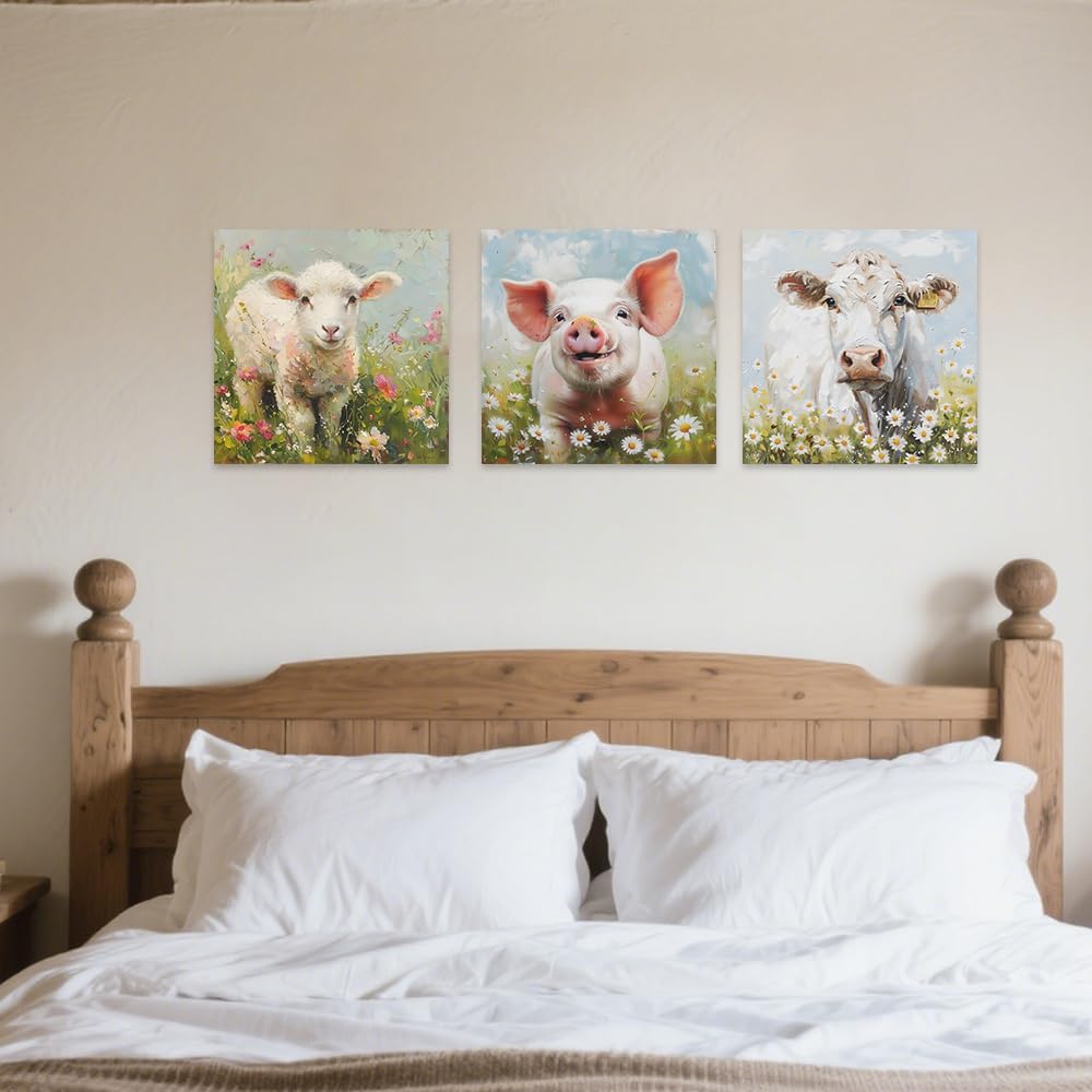 ZXHYWYM Flower Farm Animal Wall Art - Cute Lamb, Pig & Cow Canvas Prints for Kid's Room | 3-Piece Set (12"x12")