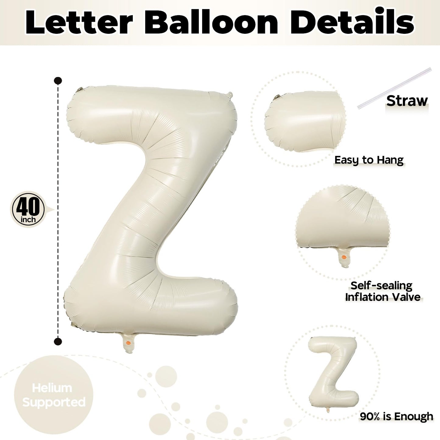 Lingqiang 40 Inch Cream Letter Balloon 'Z' - 2 Pack, Self Inflating, Perfect for Birthday Parties, Unisex Adults