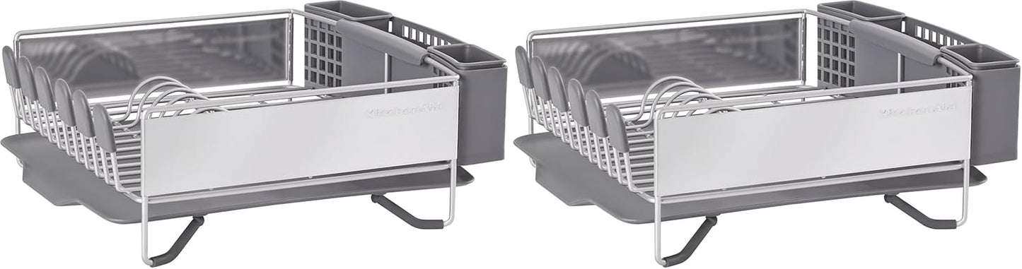 KitchenAid Compact Dish Rack - Space-Saving Design with Removable Flatware Caddy | Satin Gray, 15" x 13.25" (Pack of 2)