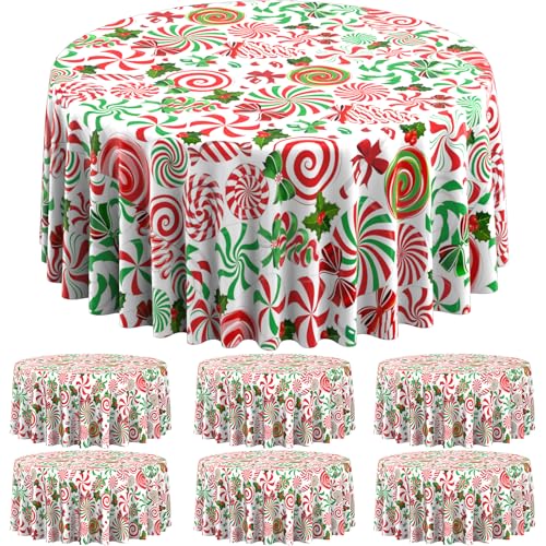 Jectivs 6-Pack 84-Inch Red Green Candy Cane Disposable Tablecloths – Round Plastic Christmas Party Cover