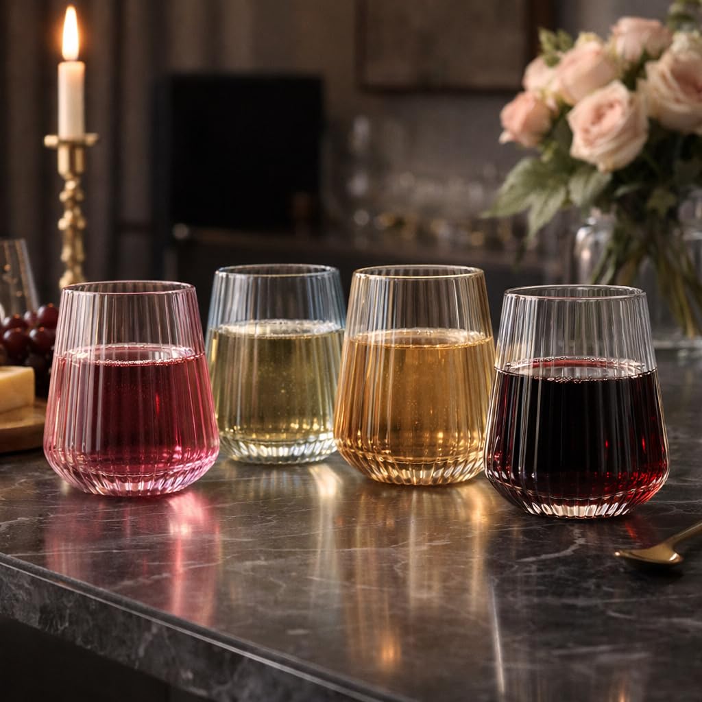 Lillian Clear Ribbed Stemless Plastic Wine Glasses, 12 oz – Elegant Shatterproof Disposable Wine Cups, Premium Hard Plastic Tumblers for Weddings, Parties & Special Events, 72 Pack
