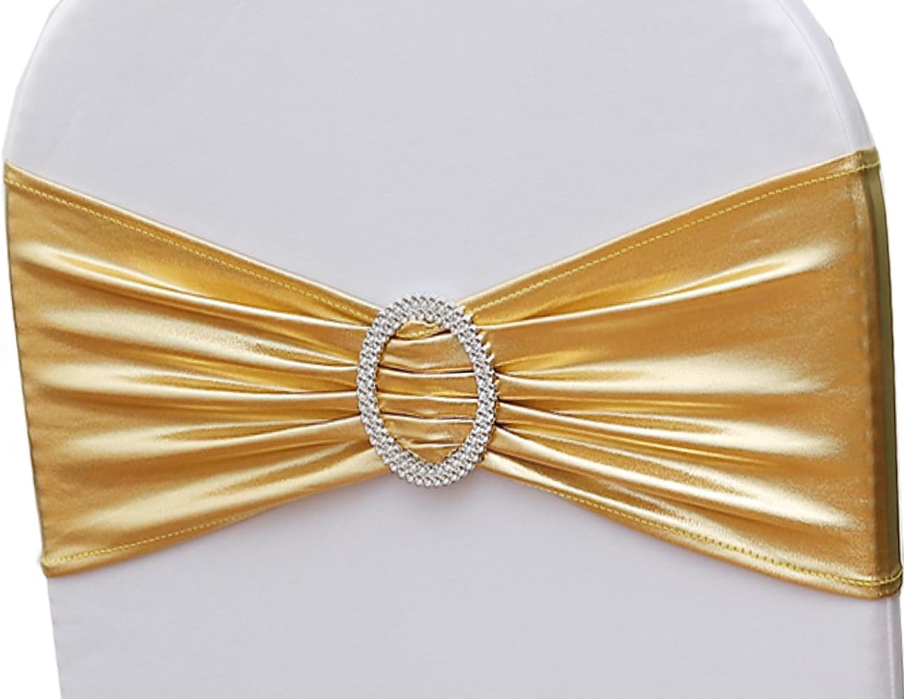 Spandex Gold Chair Sashes - 50 Pack Stretch Bands with Buckles for Wedding & Event Decor - Metal Gold