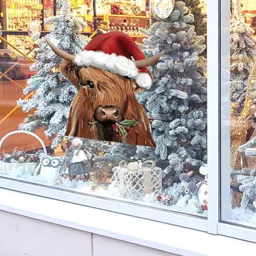 Christmas Window Clings Highland Cow Window Stickers Double-Side Glass Decals for Winter Xmas Farmhouse Home Party Supplies, 11.4 x 14.6 Inch, 4 Sheets
