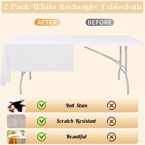 HAISIWLKJ 2 Pack 60 x 102 Inch White Rectangle Tablecloth for 6 Foot Table Washable Reusable Outdoor Polyester Fabric Decorative TableCover for Dining Table, Buffet, Camping, Baby Shower, Party